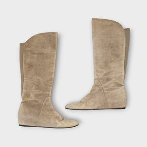 Stuart Weitzman Taupe/ Beige Suede Hidden Wedge Knee High Boots